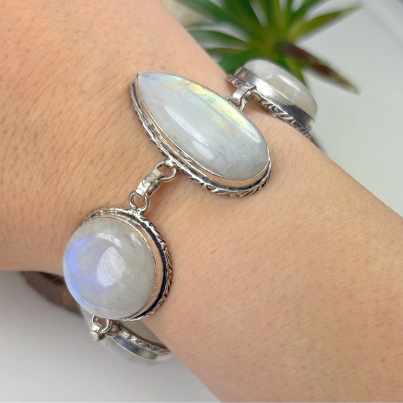 Rainbow Moonstone Extra Chunky Bracelet Pear Round Sterling Silver 925 Overlay - Picture 5 of 11